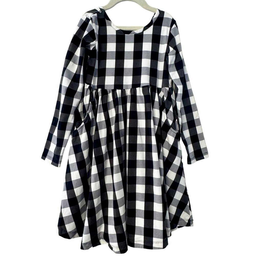 HANNA ANDERSSON Buffalo Plaid Skater Dress Girls 8 130cm Black White Checks Girl